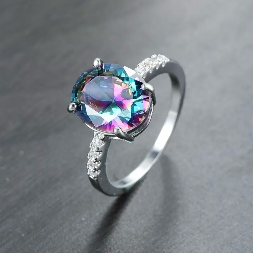 18K White Gold Plated Rainbow Mystic Cubic Zirconia Solitaire Ring Size 8